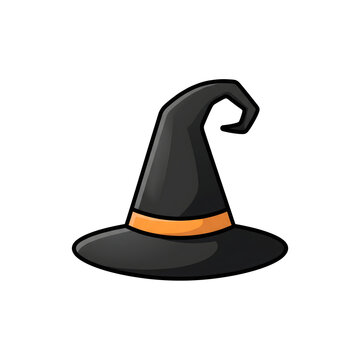 Black cartoon witch hat with orange band icon vector illustration for spooky Halloween design