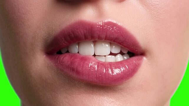 Extreme close-up shot of a woman biting her lower lip with shiny pink lipstick and clean white teeth. Perfect for beauty makeup commercials, lip gloss promos, skincare ads, sensual video concepts, den
