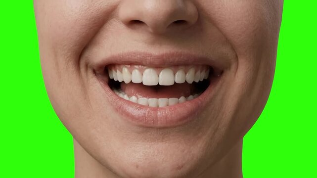Detailed close-up video of a human mouth with a wide natural smile and white teeth isolated on a chroma key green screen background. Suitable for dental care commercials, medical promos, happiness vid