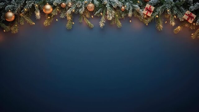 Christmas garland evergreen branch ornament gift box blue background festive decoration holiday border golden bauble pine needle warm light seasonal design