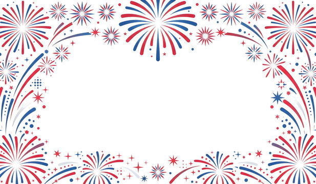 Festive patriotic border with red and blue firework bursts for American holiday decoration