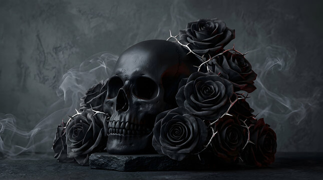 Realistic human skull adorned with black roses and silver thorns