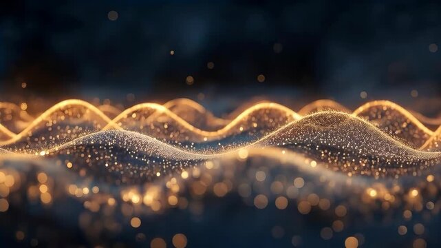 Glowing Golden Particle Wave with Sparkle Energy Pattern, Abstract Bokeh Background, Flowing Curves, Luminous Dust, Atmospheric Depth, Elegant Motion, Futuristic Texture and Calm Lightscape