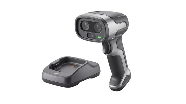 Wireless barcode scanner with charging dock, industrial handheld laser reader for warehouse logistics, portable digital scanning device on white background