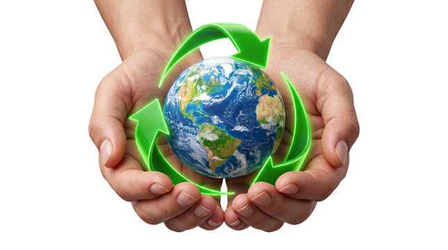 Environmental recycling concept with hands cupping planet earth, green recycle symbol around the world globe, sustainability and ecology protection