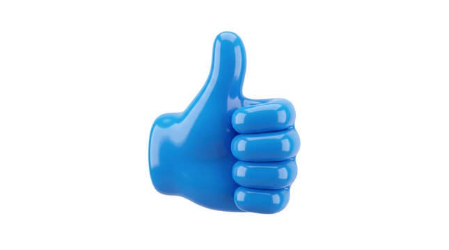 Blue thumbs up 3D icon, glossy hand gesture for social media approval, shiny plastic like button for feedback and success, isolated on white