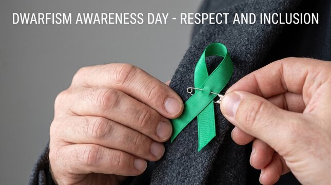 Close up of hands pinning a green awareness ribbon onto a dark grey textured wool blazer lapel for dwarfism awareness day