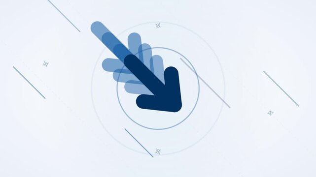 Animated motion graphics of a blue arrow pointing down right with technical geometric lines on a clean white background
