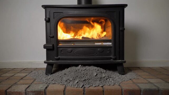 Burning cast iron stove with flickering flames and ash pile on brick hearth