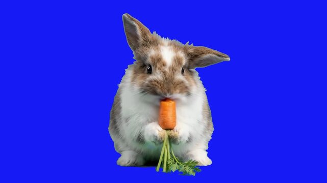 A cute real fluffy bunny rabbit eating a fresh orange carrot with green leaves on a blue chroma key background. Perfect for pet videos, easter promos, animal footage, educational content, and creative