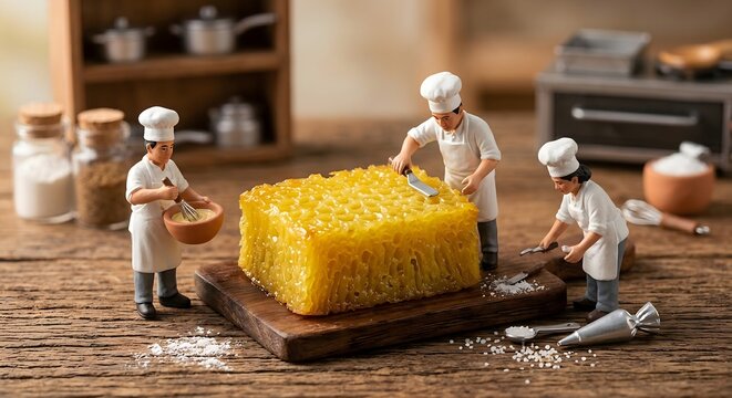 Miniature worker figurines wearing chef hats carefully crafting and decorating a traditional golden yellow honeycomb Bika Ambon cake on a wooden rustic surface.