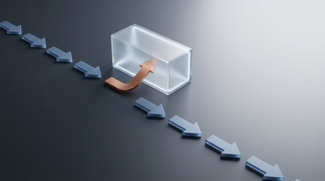 Exception review workflow with copper arrow diverted from blue process flow into transparent review chamber with large copy space