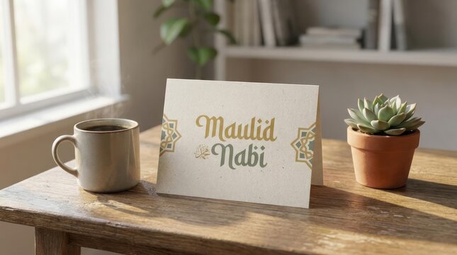Maulid Nabi greeting card on wooden desk with coffee.