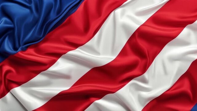 Waving national flag with red white and blue stripe fabric, patriotic textile folds creating vibrant abstract background, dynamic movement, soft highlights, national celebration design and proud