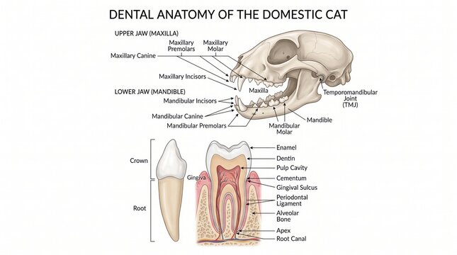 Cat dental anatomy diagram illustration showing feline skull teeth structure and tooth cross section with labels
