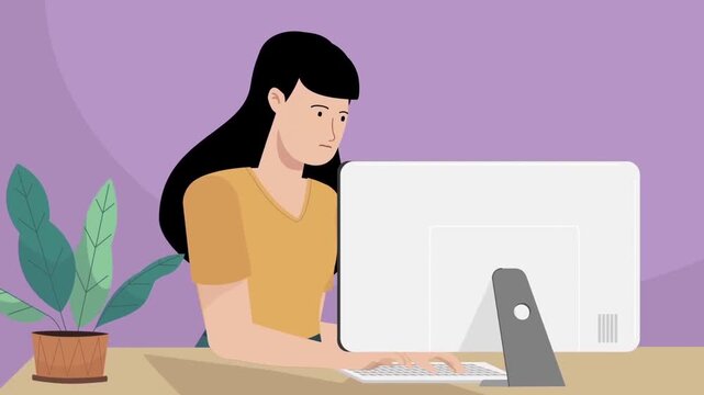 Young woman typing on desktop computer in modern office setting animation video clip showcasing focused remote work productivity and lifestyle