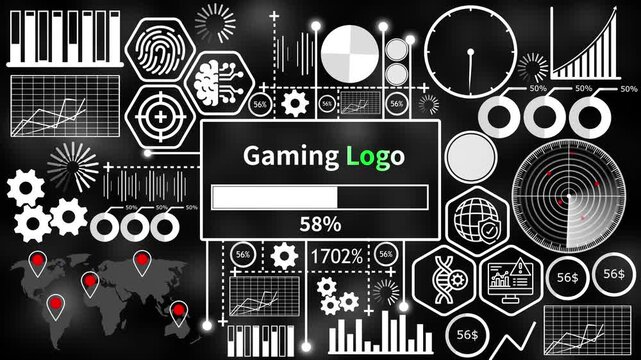 gaming logo set with futuristic HUD interface elements and abstract infographic charts on dark background 4k video