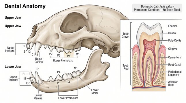 Cat dental anatomy medical illustration showing feline skull, jaw structure, and detailed tooth cross section