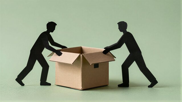 Two paper cutout figures push open a cardboard box together.