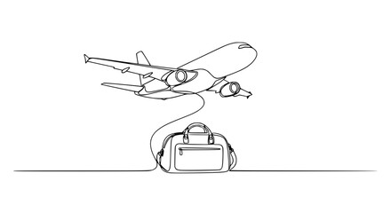 Obraz premium Airplane connected to luggage by single line art, travel concept