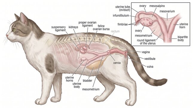 Cat reproductive anatomy medical illustration showing feline female organs, uterus, ovaries, and vagina