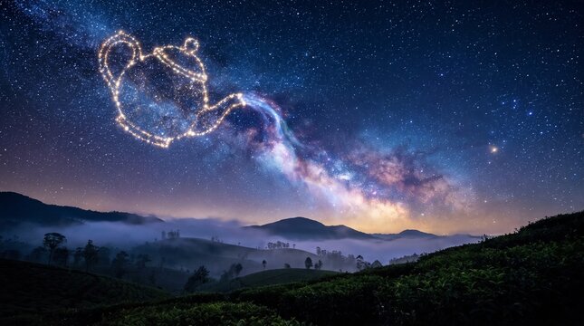 Celestial Teapot Star Constellation Pouring Milky Way Stardust over Nuwara Eliya Tea Valley