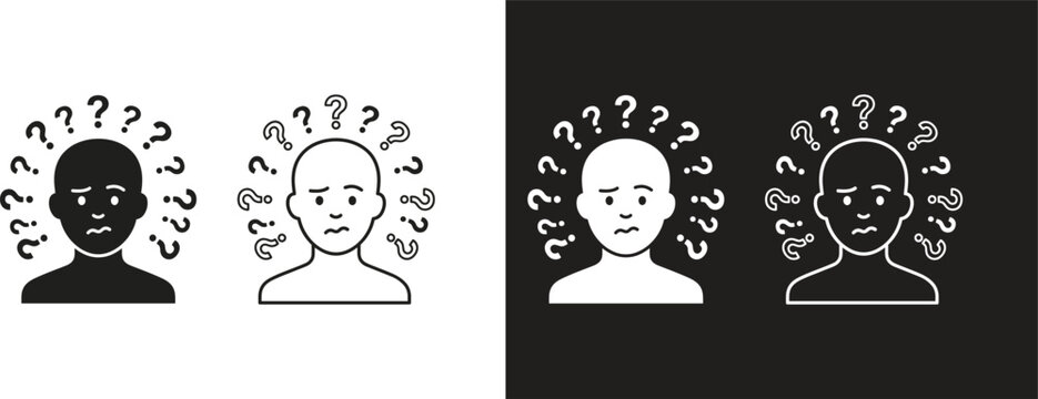 Confused person surrounded by question marks icon set, thoughtful man doubt and hesitation symbol, memory loss dilemma problem solving, thinking psychology inquiry concept, dark and light mode UI vect