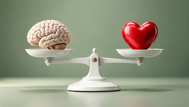 Human brain and red heart on balanced scales over green background, symbolizing harmony between logic and emotion, rational thinking, and psychological wellbeing.