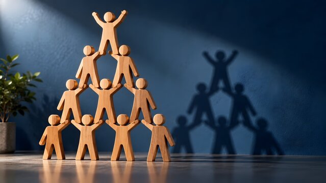 Conceptual wooden human pyramid symbolizing teamwork and leadership success with shadow on blue background.