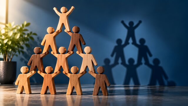 Wooden figures forming a human pyramid on a desk to symbolize teamwork, leadership hierarchy, and business collaboration against a blue background with soft shadows.