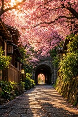 Fototapeta premium A breathtaking photorealistic view of a traditional Japanese village pathway surrounded by lush greenery and an enormous canopy of blooming pink cherry blossom trees.