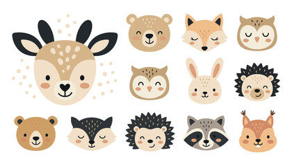 Fototapeta premium Cute Woodland Animals Vector Avatar Set with Deer Bear Fox Owl Rabbit Hedgehog Raccoon and Squirrel Icons