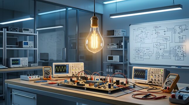 Futuristic electronics engineering laboratory with glowing lightbulb over circuit board, oscilloscope showing signal waves, and technical diagrams on whiteboard for innovation and hardware