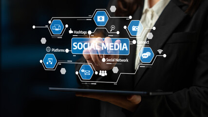 A business professional engages with an interactive digital interface showcasing social media...