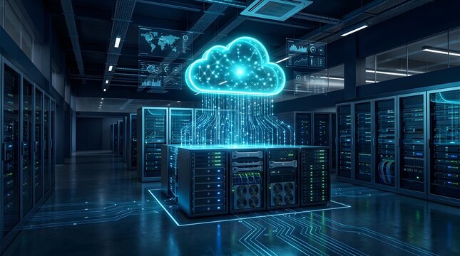 Futuristic cloud computing concept in high-tech data center with glowing neon cloud symbol and digital data stream overlays for global network storage and server infrastructure technology.