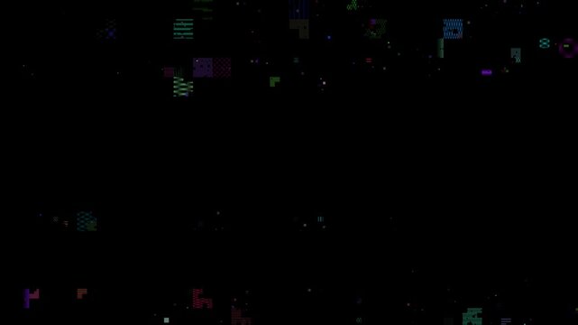 Pixelated digital artifacts scatter across the top and bottom borders of a dark background.