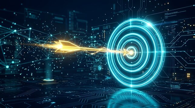 Futuristic digital target with glowing golden arrow hitting the bullseye on a high-tech blue circuit background, representing success, precision, and business achievement in a modern cyber world.