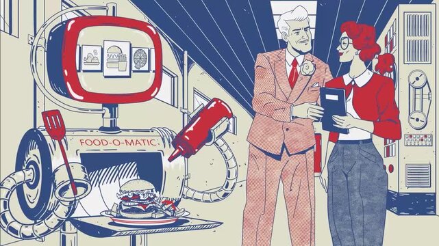 Futuristic robot food machine preparing tasty burger meal while professionals watch the automated cooking process in this colorful animation video