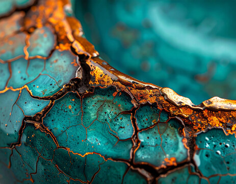 Close-up of raku ceramic glaze in deep teal and rust with organic crackle detail