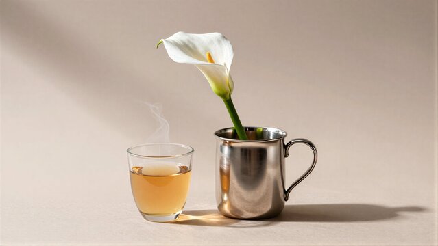 Steaming tea cup beside metallic mug holding white calla lily, soft shadow cast.