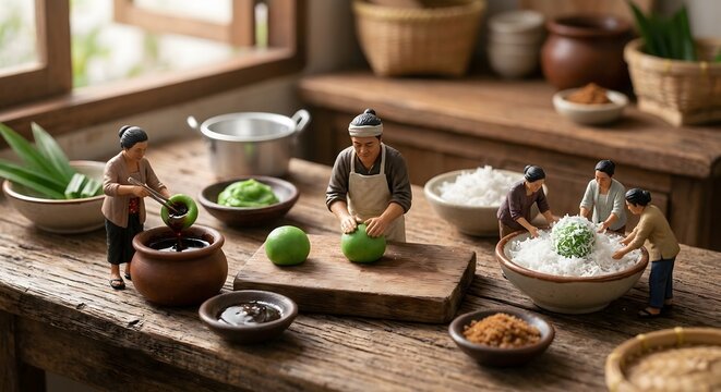 Tiny miniature figures meticulously preparing traditional Indonesian klepon pandan rice balls filled with liquid palm sugar and coated in shredded coconut on rustic wood.