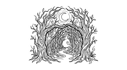 Fototapeta premium Spooky Forest Path Tunnel with Ghosts and Crescent Moon, Black and White Line Art