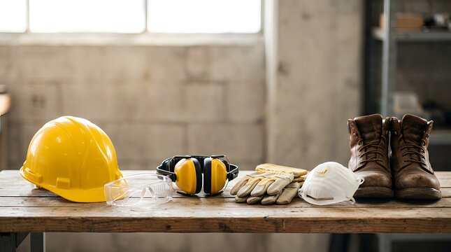 Personal protective equipment set on wooden table in industrial workshop, featuring hard hat, ear muffs, gloves, respirator, safety glasses, and boots for workplace occupational safety.