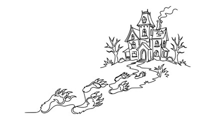 Naklejka premium Haunted House and Mysterious Footprints Path Illustration