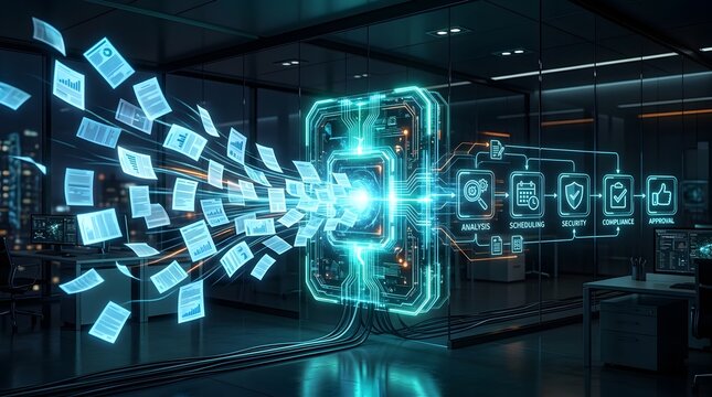 Futuristic 3D visualization of automated AI document processing system in a modern office, featuring digital data flow for analysis, security compliance, and efficient workflow management.