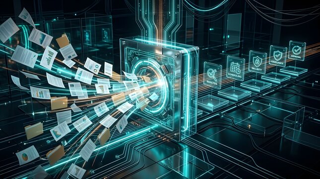 Modern 3D visualization of digital document management and automated data processing system featuring flying files entering a secure cloud server portal in a futuristic environment.