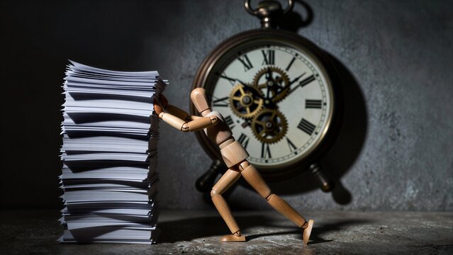 Wooden figure carries stacks of papers, symbolizing time pressure and workload.