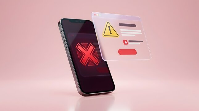 Modern 3D smartphone with error message and warning icons on floating glass interface, symbolizing system failure or security alert on pink background.