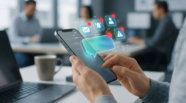 Modern 3D visualization of digital notification and message icons floating over a smartphone held by a person in an office, representing social media, communication, and networking technology.