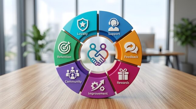 3D colorful business infographic cycle on a wooden table in a blurred office background, showcasing customer relationship management concepts like loyalty, support, feedback, and retention.